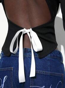 Maija Women's Black Crew Neck Long Sleeve T-Shirt, White Contrast Bowknot Backless Slim Fit Solid Color Casual Top, Early Spring, Valentine's Day Modest Going Out Tops - Black - View 3