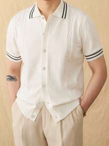 Manfinity Homme 男士夏季休闲撞色条纹针织上衣 - 彩色 - 查看 3