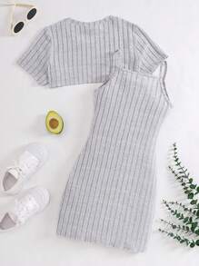 SHEIN 2 件装少女浅灰色罗纹短款上衣和吊带连衣裙休闲套装