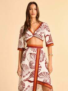 CAJUNI Women's White Summer Boho Vacation Holiday Red-Brown & Orange Shell & Snail Ocean Print Straight Skirt,Asymmetrical Hem,Beach Date Party Beachwear - Multicolor - View 3