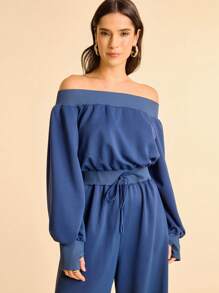 CAJUNI Tuta monocolore a maniche lunghe con spalle scoperte - Top basic/da uscire per donne/Abbigliamento autunnale per donne/Spalle scoperte - Blu Navy - Visualizzare 4
