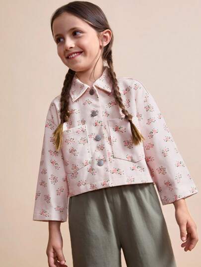 Maija Kids Maija Kids 少女碎花领衬衫夹克，返校季女士秋冬装