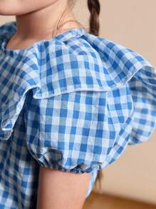 SHEIN 2pcs Young Girl Plaid Print Ruffle Hem Short Sleeve Top And Tie Front Long Pants Set - Multicolor - View 6