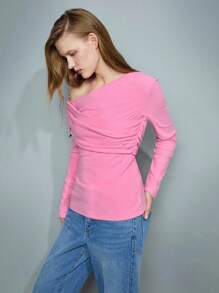 Maija 女士优雅纯色斜肩长袖褶皱休闲T恤，时尚日常穿着，适合新年、秋冬情人节