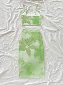 Soleia Set de top de tirantes y falda envolvente con estampado de lirio y hibisco en estilo teñido anudado casual de vacaciones para mujeres