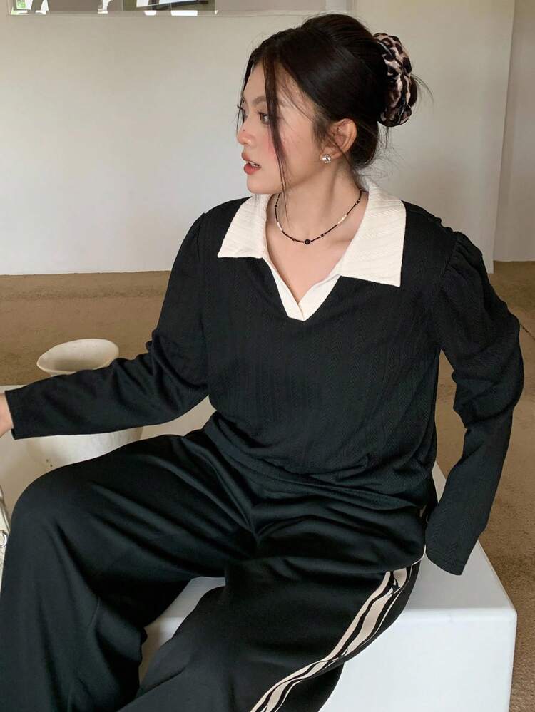Dazy Plus Contrast Color Block Lapel Loose Long Sleeve Textured Fabric Plus Size Women Casual T-Shirt