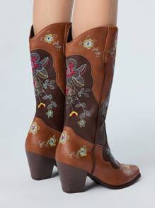 ROMWE Fairycore 女式秋季牛仔靴，一脚蹬，拼色，花卉刺绣细节，西部风格，户外休闲中筒靴