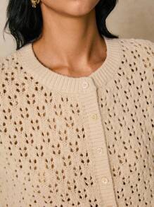 Poéselle Beige Crochet Knit Cardigan – Long Sleeve Hollow Out Button Down Sweater For Women,Crochet Cardigan Women,Knit Cardigan Sweater,Button Down Cardigan,Beige Knit Cardigan,Lightweight Cardigan,Boho Cardigan Women, Knitted Cardigan For Women In Fall/Winter - Apricot - View 3