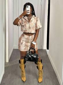 Slaydiva 新款女士牛仔裙 低腰紧身迷你裙 松紧腰豹纹 秋季休闲装 办公室装 返校装 Y2K 音乐节装 - 卡其色 - 查看 1