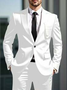 Manfinity Bizformal 男士纯色商务通勤西装套装：夹克和裤子 - 白色 - 查看 6