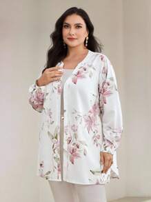 Veilorie Elegancki top damski w stylu arabskim z nadrukiem kwiatowym w dużych rozmiarach