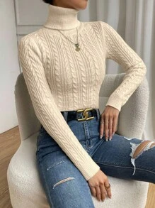 SHEIN Raffinéa Casual Solid Color Turtleneck Slim Fit Sweater, Autumn/Winter Knit Pullover Fall - Apricot - View 4