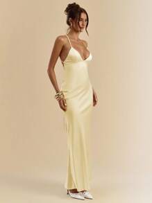 SHEIN BAE 杏色和白色深V领细肩带超长露背系带缎面美人鱼连衣裙，优雅连衣裙，度假连衣裙，伴娘连衣裙，生日派对连衣裙，毕业礼服，白色连衣裙 - 黃色 - 查看 6
