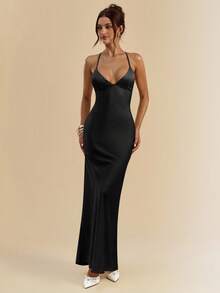 SHEIN BAE Váy đuôi cá dài, hở lưng, cổ chữ V sâu màu mơ và trắng, dây mảnh, chất liệu satin, buộc nơ, đầm thanh lịch, đầm đi nghỉ, đầm phù dâu, đầm dự tiệc sinh nhật, đầm tốt nghiệp/trở lại trường, đầm trắng - màu đen - Xem 4