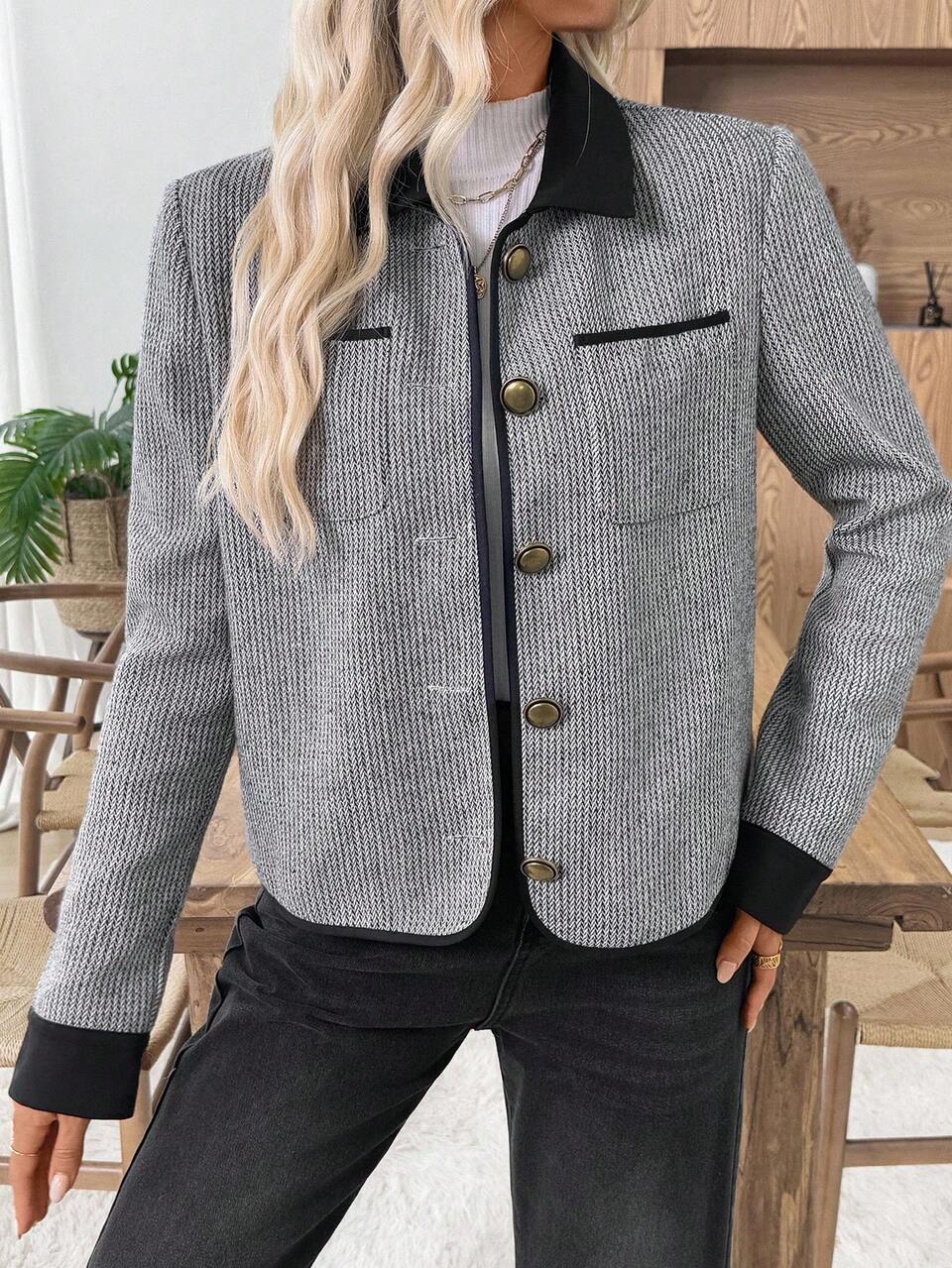 Women's Casual Contrast Color Trim Jacket, Winter Fall Winter Jackets For Office