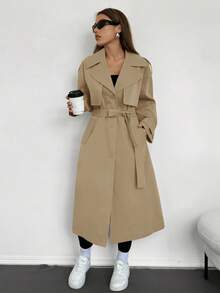 SHEIN EZwear 秋冬休闲百搭驼色梭织女式风衣 - 駝色 - 查看 3