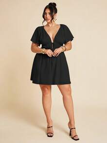 SHEIN BAE Plus Size Women's V-Neck Ruched Tie Linen Short Sleeve White Elegant Dress, Casual Everyday Dress, Mini Dress, Fashion Daily Wear/ Black Vacation Dress/ Flutter Sleeve Dress/ Black Mini Dress/ Plus Size Black Dress