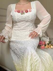 Modelyn Vestido Elegante de Decoração Floral 3D Ombré Plus Size