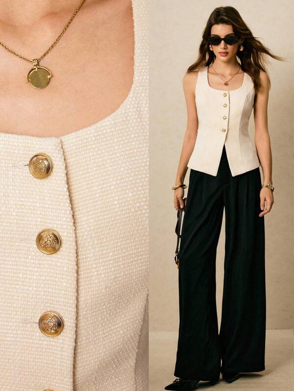 Poéselle Women's White Gold Button Tweed Vest,Elegant Office Autumn Wear,Single Breasted Back Tie Casual Fashion Top,Y2k Vintage Old Money Style Overcoat