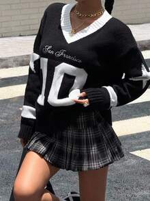 SHEIN 少女毛衣 少女拼色 V 领休闲宽松学院风图案套头毛衣 - 黑與白 - 查看 7