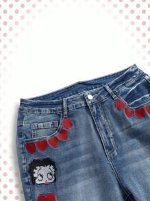 Betty Boop | ROMWE Spring/Summer Plus Size Heart & Figure Embroidered Flare Jeans - Blue - View 3
