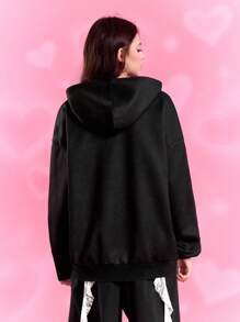 THE POWERPUFF GIRLS X SHEIN 女士时尚美式街头风格卡通字母印花落肩宽松连帽衫 - 黑色 - 查看 2