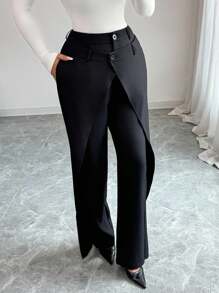 Elenzga Pantalones elegantes y dulces franceses de 2 en 1 para oficina, pantalones de traje negros con bolsillos, para otoño