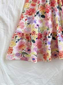 Soleia 女士度假彩色水彩花卉美学浪漫迷你连衣裙，配有系带，泡泡袖，方领，后背镂空，荷叶边下摆，A 字形轮廓，适合派对、情人节、约会、复活节、狂欢节、中国新年、海滩、游轮、春夏