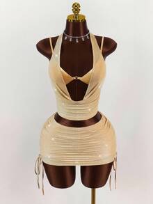 Y2K Amplova Women's Gold Solid Color Shiny Spaghetti Strap Cropped Camisole And Pleated Bodycon Mini Skirt Sexy 2-Piece Set Gold Two Piece Set. ,Ideal For School And Club. Glitter Two Piece Set - Champagne - View 4