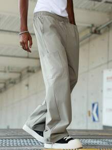 Manfinity Hypemode Pantaloni bărbătești, casual, lejeri, cu picior drept, culoare solidă, buzunare multiple cu talie cu șnur, potriviți pentru purtare în aer liber și zilnică, pantaloni de trening cu picior drept, cadou pentru iubit/soț