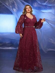 Glamrae 加大码花卉刺绣奢华水钻装饰灯笼袖优雅新娘妈妈礼服 - 酒紅色 - 查看 6