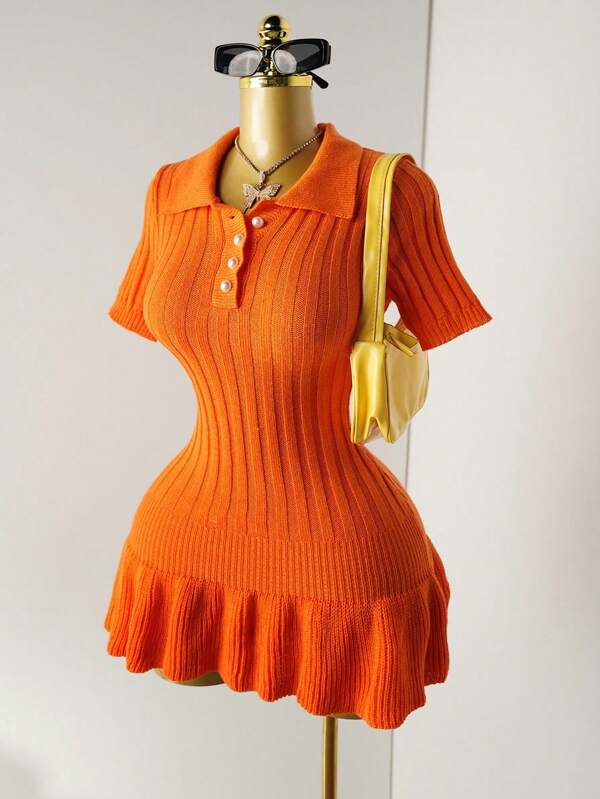 Mistrie Women's Knit Pearl Button Ribbed Orange Pleated Mini Dress, Short Sleeve Sexy Bodycon Minimalist Sweater Dress