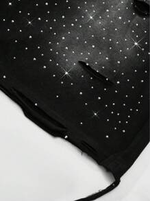 ROMWE MEN Street Life Summer Men's Plaid Rhinestone Embellished Shirt Paired With Black Washed Distressed Rhinestone Embellished Shorts Set