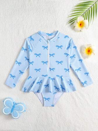 SHEIN Young Girls' Striped Bow Print One-Piece Swimsuit, Vacation & Beach Girl Swim Long Sleeves Set Girls Long Sleeve Swimsuit Kids Girl Rash Guard Toddler Girl Swimsuit Baby Girl Swimsuit Girls' Baby Blue Mid Waist Peplum One-Piece Swimsuit With Long Sleeves And Playful Style Cute High Neck Baby Blue Short Swimsuit With Zipper And Bow Graphic Design For Summer Baby Blue Long Sleeve Graphic Swimwear For Young Girls With Cute Bow Pattern And Peplum Girls One Piece Swimsuit Kids Long Sleeve Swimwear