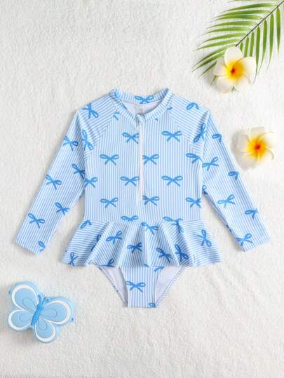 SHEIN 女童条纹蝴蝶结印花连体泳衣，适合度假和海滩穿着