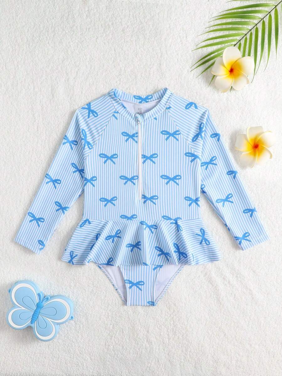 SHEIN 女童条纹蝴蝶结印花连体泳衣，适合度假和海滩穿着 - 淺藍色 - 查看 1