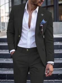 Calvornis 男士休闲商务两件套西装，纯色西装套装夹克和裤子，简约时尚休闲日常穿着婚礼西装舞会西装男士，适合情人节周年纪念日等场合，是送给男朋友或丈夫的绝佳礼物，老钱风格 - 黑色 - 查看 1