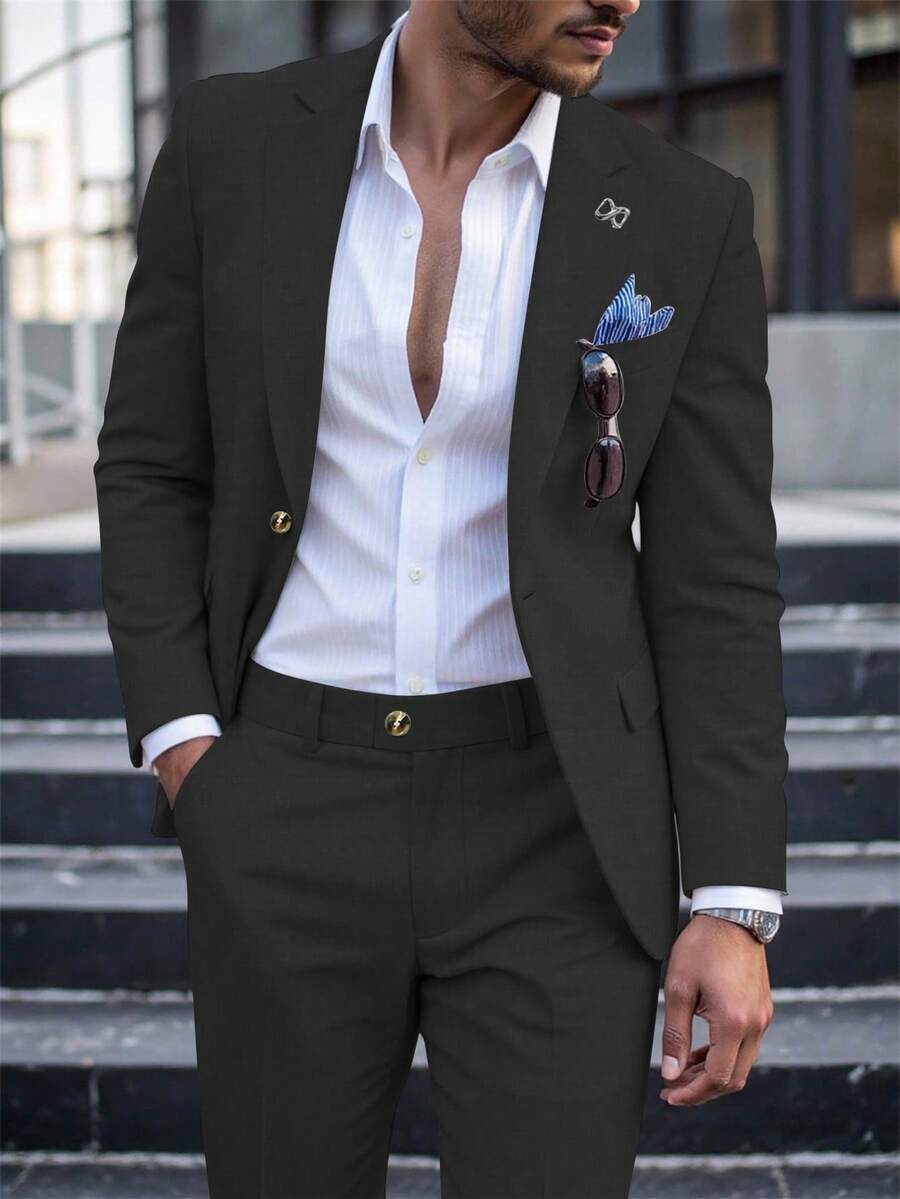 Calvornis 男士休闲商务两件套西装，纯色西装套装夹克和裤子，简约时尚休闲日常穿着婚礼西装舞会西装男士，适合情人节周年纪念日等场合，是送给男朋友或丈夫的绝佳礼物，老钱风格 - 黑色 - 查看 1