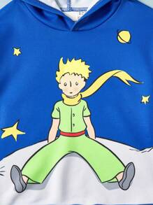 LE PETIT PRINCE X SHEIN 2 件装小男孩卡通星空印花蓝色休闲连帽长袖运动衫和玫瑰印花可爱白色运动衫套装 - 藍色 - 查看 3