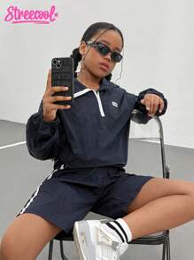 Girls'Navy Blue Autumn Long-Sleeve Windbreaker Set With Shorts,Fashionable Minimalist Stylish Look,Cow Boy Vacation Youthful Vitality Outfit - Royal Blue - View 5