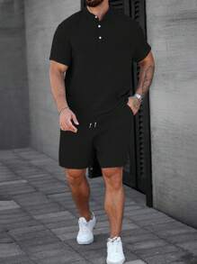 Manfinity Homme Áo sơ mi nam cổ bẻ mùa hè, áo polo nam và quần short rút dây, bộ 2 món, thích hợp mặc mùa hè, phong cách nghỉ dưỡng, thích hợp làm quà tặng mùa hè cho bạn trai và chồng - màu đen - Xem 1