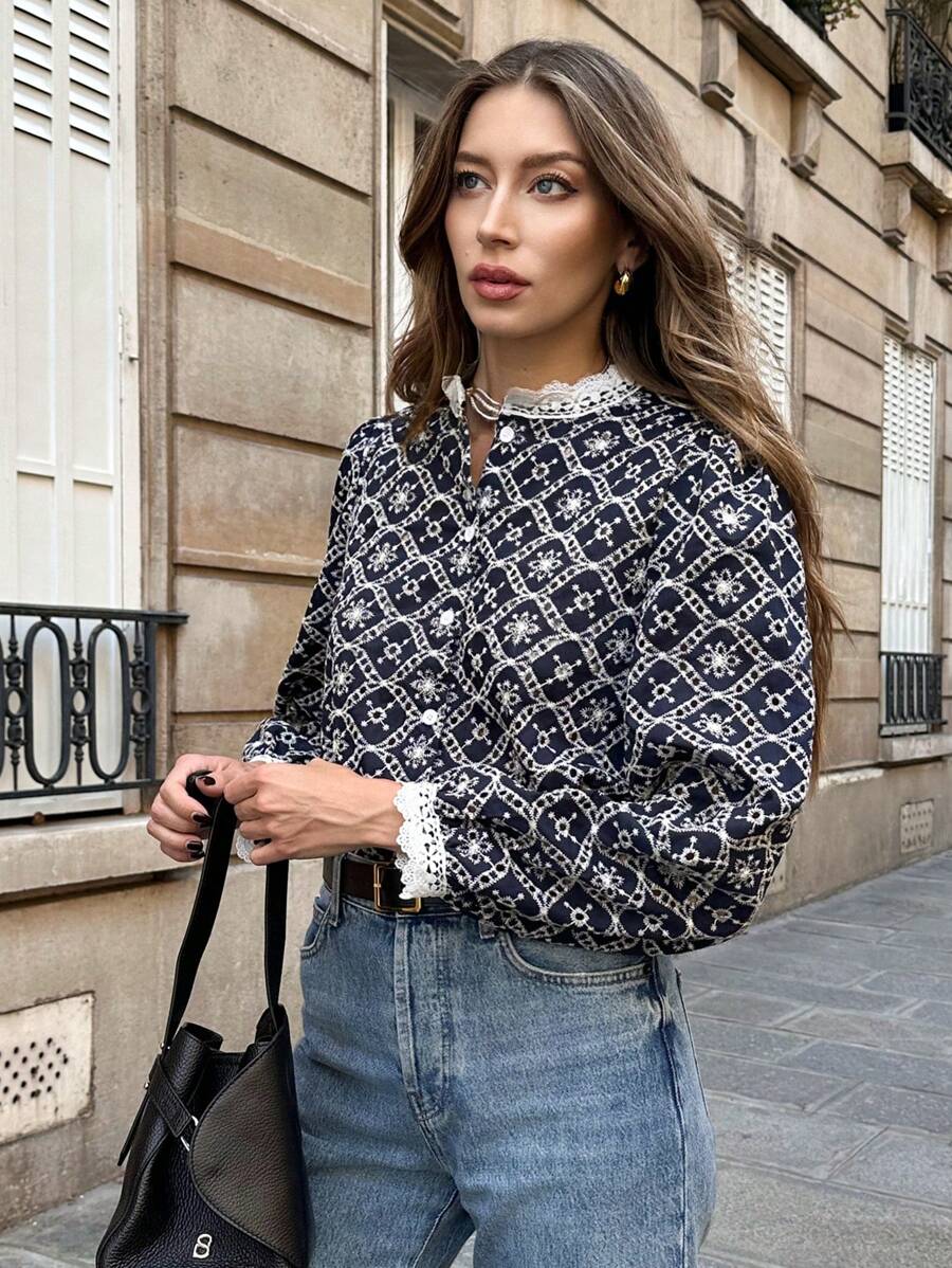 Pariaura 2025 Autumn And Winter New Shirts, French Embroidery Patchwork Lace Long-Sleeved Shirts, Fashionable And Elegant Women's Tops, Hollow Embroidery Shirts, Navy Blue High-Grade Fabric Shirts, Collar + Cuffs Splicing Lace, Single-Breasted Button Exquisite Shirts, Elegant And Atmospheric, Versatile Commuting, High-Grade Embroidered Fabric Shirts, Women's Autumn And Winter Shirts, Women's Autumn And Winter Going Out Shirts, Women's Versatile Commuting Shirts, Autumn, Winter, Women's Shirts, Open Placket Shirts, Autumn And Winter Wear, White Lace With Navy Blue Fabric Shirts.