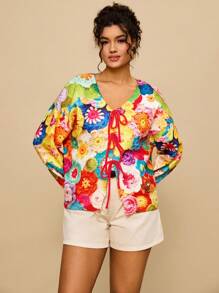 SHEIN VCAY Cardigan à imprimé floral avec nœud, vêtements de style décontracté pour la saison automne-hiver, idéal pour les femmes en tailles plus