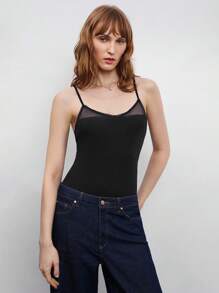 Maija 女士黑色夏季服装，网眼拼布罗纹面料可调节细肩带紧身衣，时尚优雅性感修身，适合音乐节 - 黑色 - 查看 4