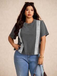 Elaquor Damen Große Größen Lässig Mode Street Spitze Patchwork Kurzarm Washed T-Shirt, Sommer - Grau - Übersicht 4