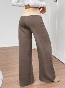 INAWLY 女式休闲拼色低腰阔腿运动裤 - 摩卡棕 - 查看 2