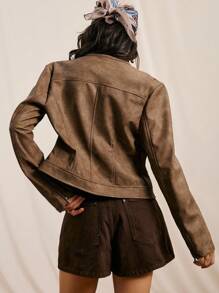 Easelle Women's Autumn Fashion Street Chic Motorcycle Style PU Leather Zip-Up Cropped Jacket,Fall,Brown Jacket