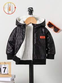SHEIN 1Pc Infant And Toddler Boys Kids Letter Patched Detail Teddy Lined Fuzzy Full-Zip Jacket Winter Warm Coats With Pockets Hooded Outwear(6mths-3yrs) , Suitable For Outdoor, Daily Wear, Travel Toddler Boy Winter Clothes Kids Boys Winter Outfits Baby Boy Quilted Jacket Baby Boy Winter Jacket Baby Boy Jacket Toddler Boy Winter Coat Boy Winter Jacket Toddler Boy Black Jacket Fall