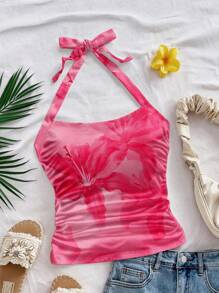 Soleia Plus Size Casual Minimalist Tie Dye Tropical Floral Print Camisole & Tank Top, Summer Wear Suitable For Going Out - Multicolor - View 3