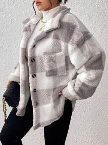 INAWLY 大码格子印花口袋前扣长袖夹克，秋冬 - 淺灰色 - 查看 6